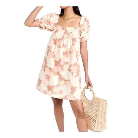 Faherty Coral Floral Organic Cotton Smocked Square-Neck Puff-Sleeve Dress Small - Picture 1 of 14